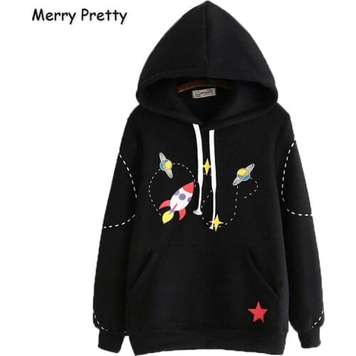 MERRY PRETTY Womens Cartoon Universe Print Harajuku Hooded Sweatshirts Kawaii Hoodies Winter Plus Velvet Long Sleeve Pullover