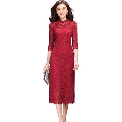 2021 Summer Autumn Graceful Three Quarter Sleeve Red Lace Dress for Lady High Quality