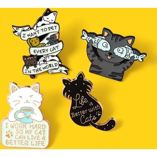 Life is Better with Cats Enamel Pins I work hard So my Coffee Brooches Shirt Lapel Bag Cute Animal Badge Jewelry Gifts for Kids