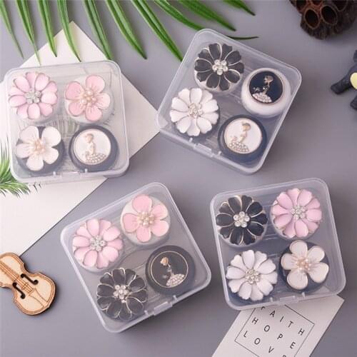 2 Pairs New Resin Flowers Mixed Color Contact Lenses Case For Women With Transparent Box Lens Container Holder Travel Kit