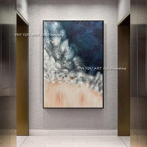 High Quality Abstract 100% Handmade Blue Pink Ocean Oil Painting Canvas Large Size Painted Home Decoration Artwork As A Gift