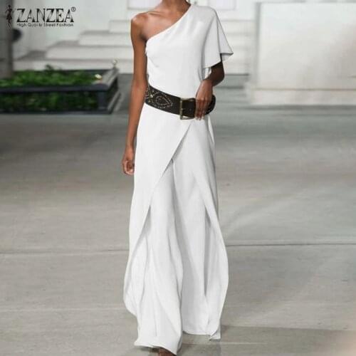ZANZEA Asymmetrical Ruffles Long Overalls Womens New Fashion Sexy One Shoulder Jumpsuits 2021 Summer Solid Holiday Rompers S
