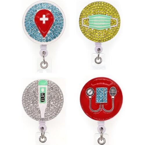 Free Shipping Round Nurse Rhinestone Retractable Id Badge Holder Reel