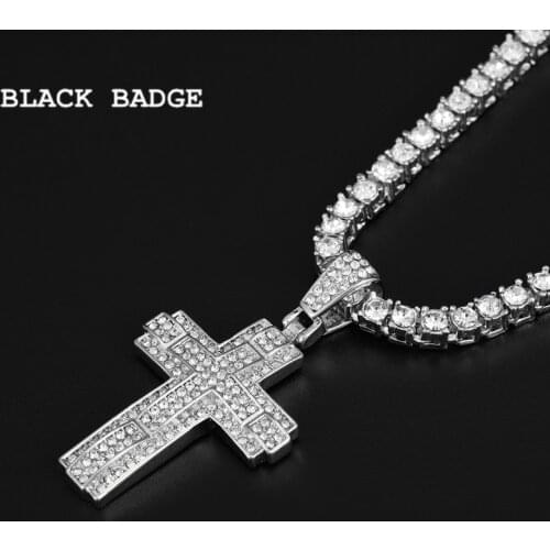 2021 Silver Color Cross Pendant Chain For Men Tennis With Cross Pendant Necklace Chain Hip Hop Bling Pave Rhinestones Necklace