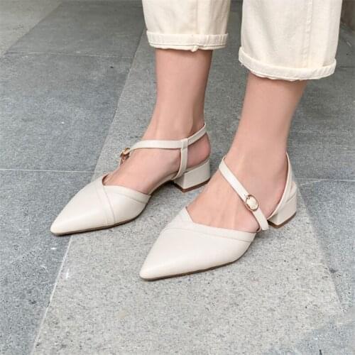 COOLULU 2021 Spring Slingbacks Shoes Women Pointed Toe Med Heels Thick Heel Dress Pumps Buckle Strap Female Footwear Beige 32-43