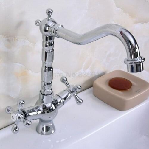 Chrome Bathroom Sink Faucet Basin Mixer Tap Double Cross Head Handle Single Hole Hot and Cold Water tnf922