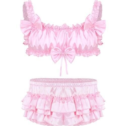 Men Sexy Lingerie Set Sissy Panties Male Crossdressing Erotic Gay Underwear Satin Ruffle Bow Bra Top with Bloomer Skirted Boxer