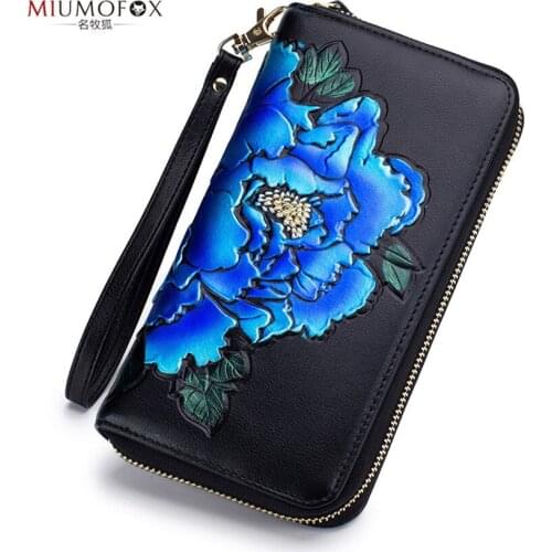 Chinese Style Purse Peony hand-painted Lady Long Wallet Cow Leather 24 Card Holders Simple Fashion Luxury Woman Card Holder W236