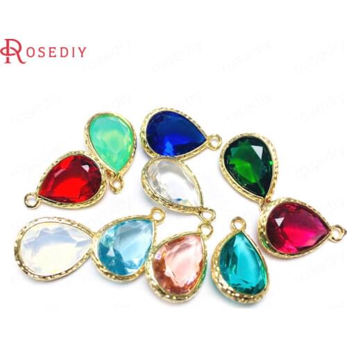 10PCS 10x14MM 24K Champagne Gold Color Brass and Glass Tear Drop Shape Charms Pendants Jewelry Making Supplies Diy Findings