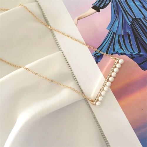Lovely Gold Color Plating Clear Stone White Pearl Paving Bar Pendant Necklace For Women Gorgeous Party Gift Elegant Jewelry