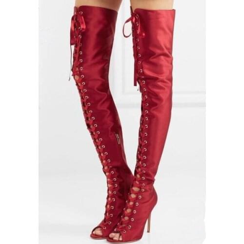 2017 New Choudory Women Black Red Nude Silk Gladiator Cuts Out Stiletto Heel Over The Knee Boots Slim Thigh Boots Plus Size 42