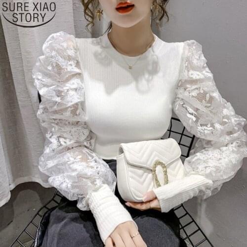 2021 New Autumn Puff long Sleeve Blouses Women Lace Tops Shirts Knitted Blouse Clothes Blusas Mujer Round Collar Shirt 15997