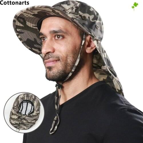 Sun Hats Men Women Camouflage Waterproof Bucket Hat with Neck Flap Outdoor UV Protection Large Wide Brim Fishing Mesh Boonie Hat