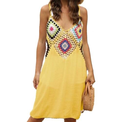Sexy Women Dress Fashion Vintage Crochet Spaghetti Strap Summer Patchwork V Neck Bohemia Beach Cover-ups Dresses Ladies 2021