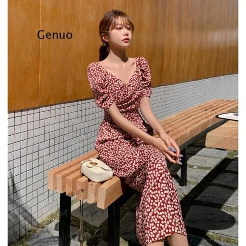 Casual Long Women Dress Cherry Print Short Sleeve Holiday Boho Beach Summer Dress Square Collar Vintage Dress Vestidos Robe