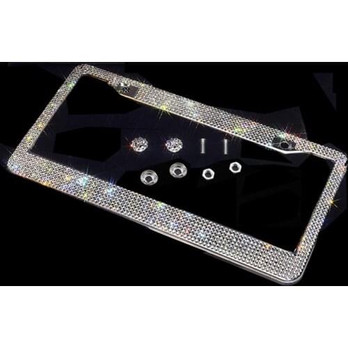Bling Crystal License Plate Frame Women Luxury Handcrafted Rhinestone Car Frame Plate with Ignition Button For USA Canada Truck