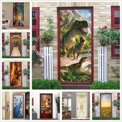 DIY mural Retro Book Shelf And Dinosaur 3D Wall Door Sticker Self-adhesive Waterproof Wallpaper Decals Home Decor deursticker