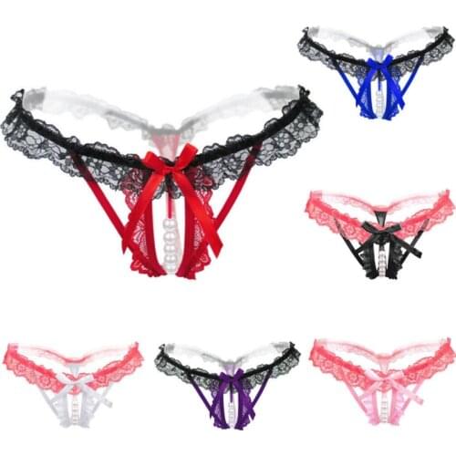 Sexy Crotchless Panties Pearl Thong Lace Bowknot Sexy Lingerie Open Crotch Hot Erotic Sex Panties Open String Femme Underwear