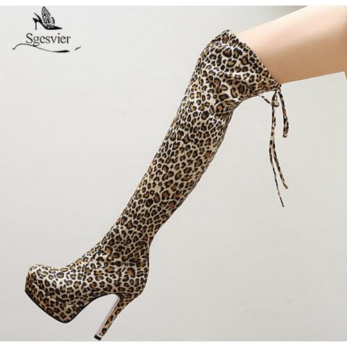 Sgesvier Large Size 30-48 Leopard Print Over The Knee Boots Sexy High Heels Fashion Platform Long Boots Winter Shoes Woman