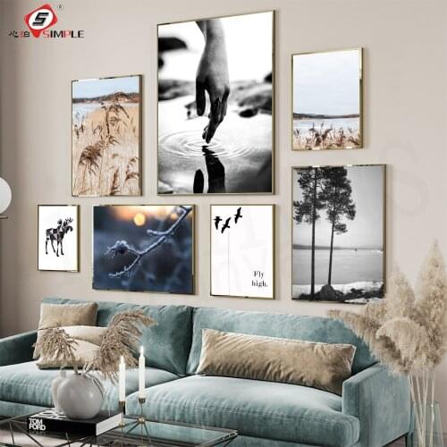 Nordic Reed Grass Landscape Canvas Poster Twilight Lake Geometric Moose Print Painting Wall Art Picture Modern Living Room Decor