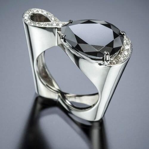 Modern 2019 Twist Infinity Crystal Women Rings Big Black Water Drop Zircon Stone Wedding Ring Hollow Heart Jewelry Z3M305