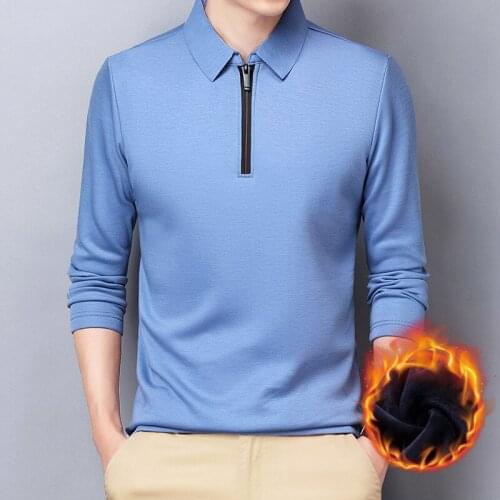 Thick long sleeve mens Polo, zipper collar polo, warm velvet, smooth color, blue and black, cotton XXXXL, winter