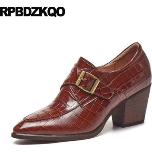 High Quality Belts Big Size Heels Snake Genuine Leather Block Pointed Toe Snakeskin Black Work Shoes Women Pumps 10 42 Brown