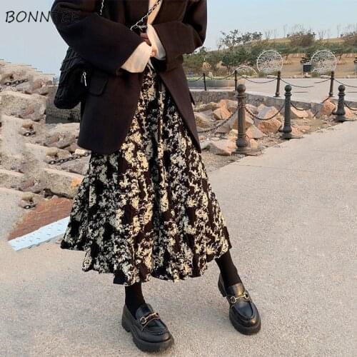 Long Skirts Women Spring A-line Elegant Soft Elastic Waist New Black Korean Style Party Preppy Mujer Faldas Floral Simple Casual