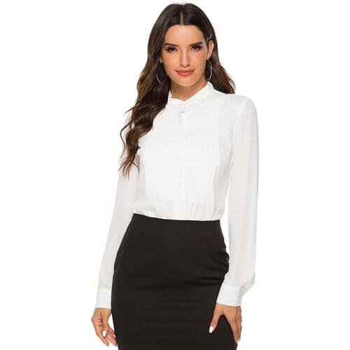New Women Formal Stand Collar Chiffon OL Pleated Blouse Body Shirts Long Sleeve blusa feminina S-XXL White Black