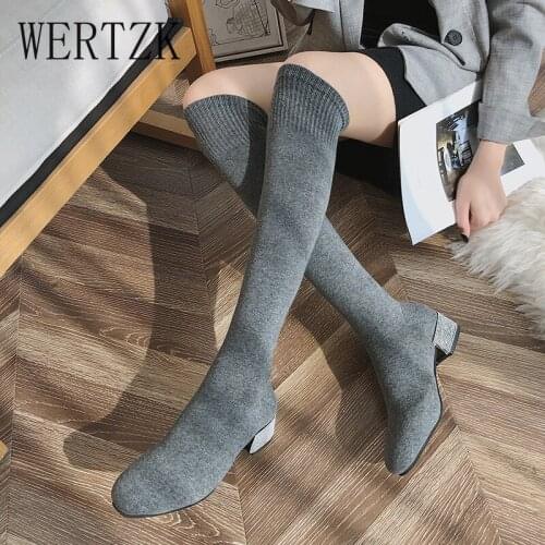 2 Colors Womens Over The Knee Sock Boots 2020 Autum Thick Heel Knitting Sock Boots Pointed Toe Elasitc Slim Botas Mujer