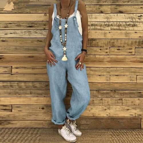 Women Linen Jumpsuits Solid Dungarees Rompers Causal Loose Long Harem Pants Bib Overalls Female Straps Playsuits Plus Size S-5XL