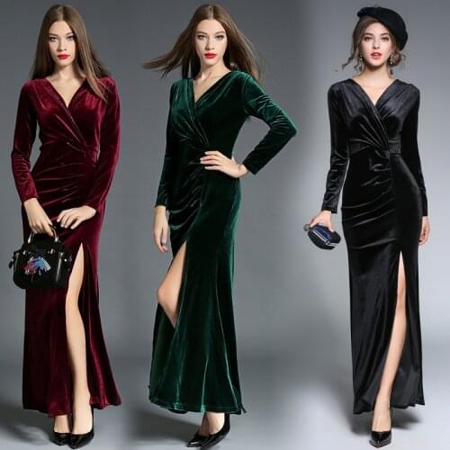 TingYiLi Women Maxi Dress Black Burgundy Green Winter Long Sleeve Velvet Dress Long Sexy Party Dress With Slit