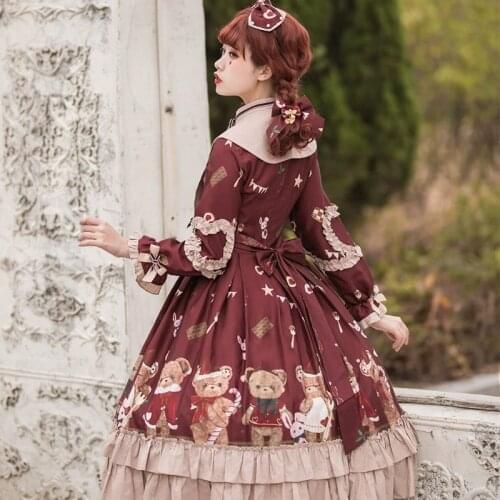Lolita Sweet Dress Bear Rabbit Pattern Tea Party Spring New Lolitas Long Sleeve Dresses Women Cosplay Kawaii Harajuku Loli Op