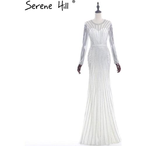 Long Sleeves Halter Muslin Sliver Diamond Sexy Mermaid Evening Dress Luxury Long Sleeves Evening Gown 2020 Serene Hill LA6027
