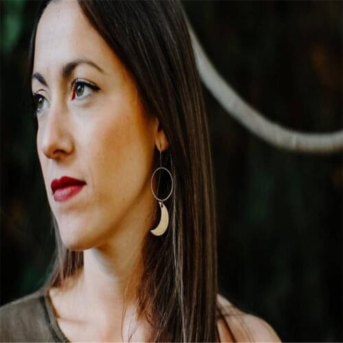 Gold dangle hoop and crescent moon earrings, minimal brass earrings, goddess modern witch bohemian boho jewelry, celestial jewel