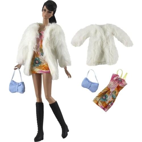 3 Items/Set Doll White Plush Coat + Fashion Pattern Shirt +Randomly Bag Outfit For Barbie Doll Accessories Toys
