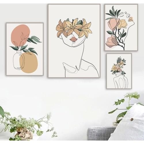 Abstract Woman Line Simplicity Plant Wall Art Canvas Painting Nordic Posters And Prints Wall Pictures For Living Room Home Decor