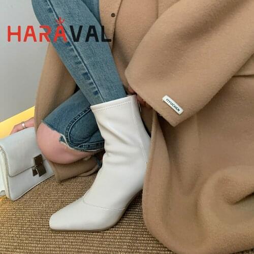 HARAVAL Women Boots Shoes High Heels Chelsea Boots Brown Black White Elegant Fashion Boots Shoes Solid Stretch Fabric E388L