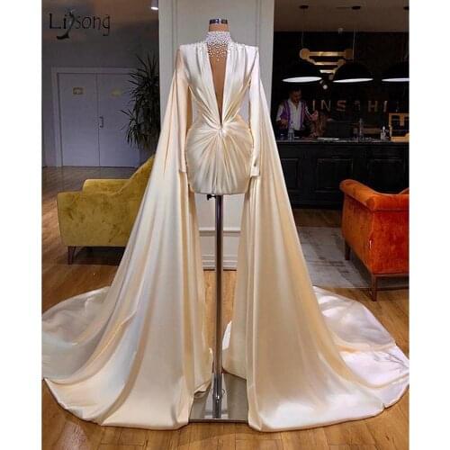 Haute Couture Formal Long Evening Dress with Long Cape High Neck Arabic Dubai Short Prom Dresses for Women vestidos de fiesta