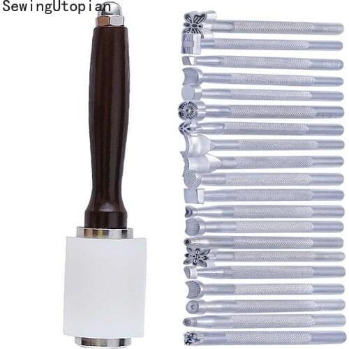 21PCS Leather Working Tools Leather Embossing Tools Leather Kits for Beginner Leather Stamping Carving Kit Punch Wooden Hammer
