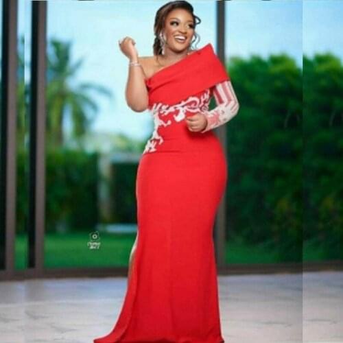 Red One Shoulder Prom Dresses FOr Black Girls Satin Long Sleeves Lace Appliques African Plus Size Evening Gowns Party Vestidos