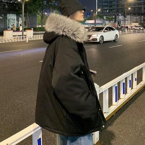 Mens Casual Loose Thick Warm Parkas Coat Hooded With Faux Fur Collar Solid Fashion D9