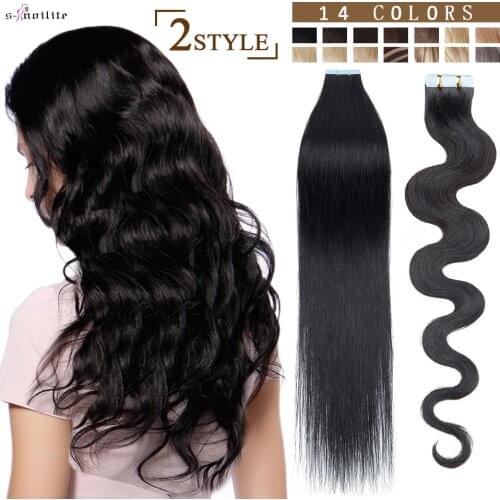 S-noilite 18"-22" 2.5g/pc Remy Tape In Human Hair Extension Wavy/Straight Hair Seamless Invisible Remy Adhesive Extension Blonde