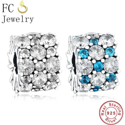 FC Jewelry Fit Original Brand Charm Bracelet 925 Silver Round Blue Zirconia Crystal Bead For Making Winter Reflexion Berloque
