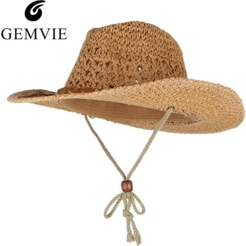 GEMVIE Cowboy Hat Summer Hats For Men Women Paper Straw Woven Wide Brim Hollow Out Straw Hat Wind Lanyard Unisex Beach Sun Hat