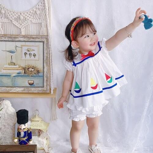 2PCS Summer Vintage Casual short Sleeve Cute Cotton A-line Dress For Bady Girls Navy Style Dress For Childrens Garments