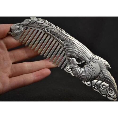 Old Chinese Decorated Handwork tibet Silver Carving Phoenix Noble Comb NR