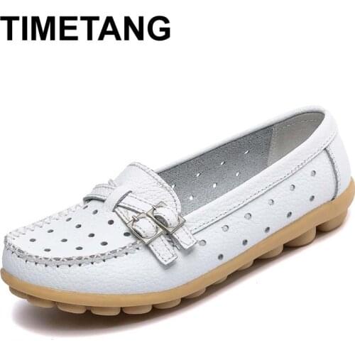 TIMETANG Shoes Woman Genuine Leather Women Shoes Flats 8 Colors Buckle Loafers Slip On Womens Flat Shoes Moccasins Plus Size Q5