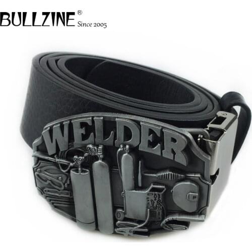 The Bullzine welder belt buckle with pewter finish with PU belt with connecting clasp FP-02228
