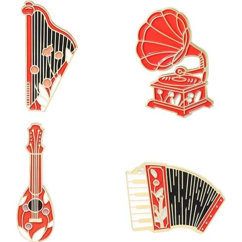 Vintage Guitar Enamel Pin Custom Phonograph Accordion Harp Instrument Brooch Backpack Music Badge Jewelry Gift Friends 2021